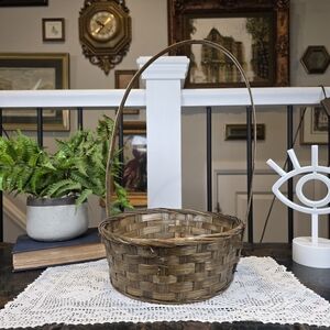 Vintage Woven Wood Splint Basket - Round Gathering Basket with High Handle